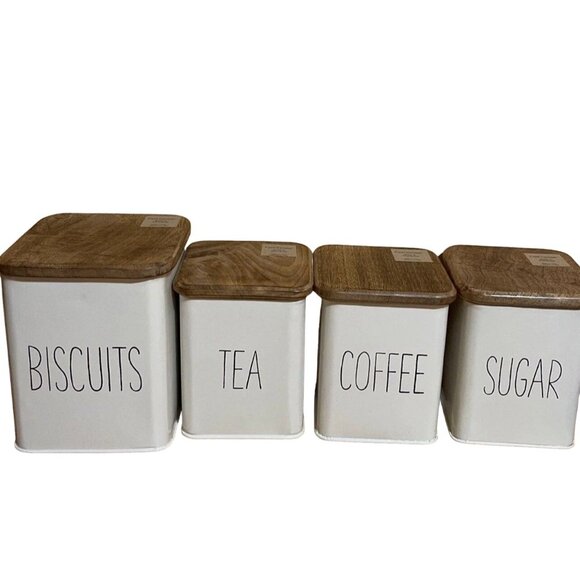 Canisters Sugar, Coffee,Tea and Biscuits metal with wooden lids new! - Picture 1 of 5